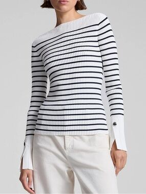 NWOT A.L.C. Anya Striped Off-White and Dark Navy Striped Ribbed Knit Top